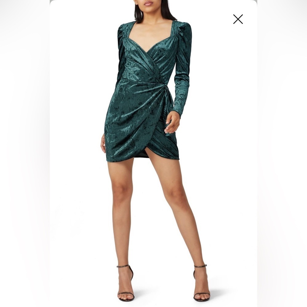 Saylor Velvet Drape Long Sleeve Wrap Mini Dress Dark Green Small